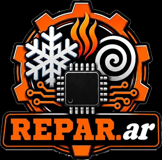 Logo de REPAR.ar: engranaje con copo de nieve, llama, espiral y chip.
