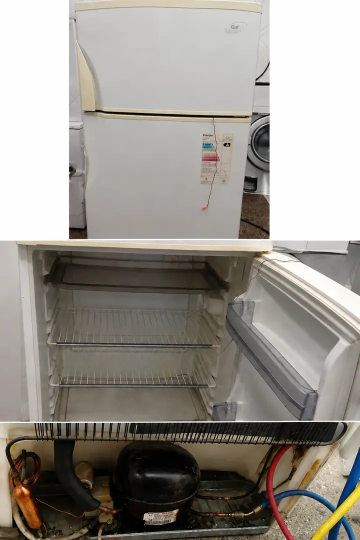 Heladera Gafa cerrada, su interior limpio y el sector del compresor con las mangueras de carga conectadas.